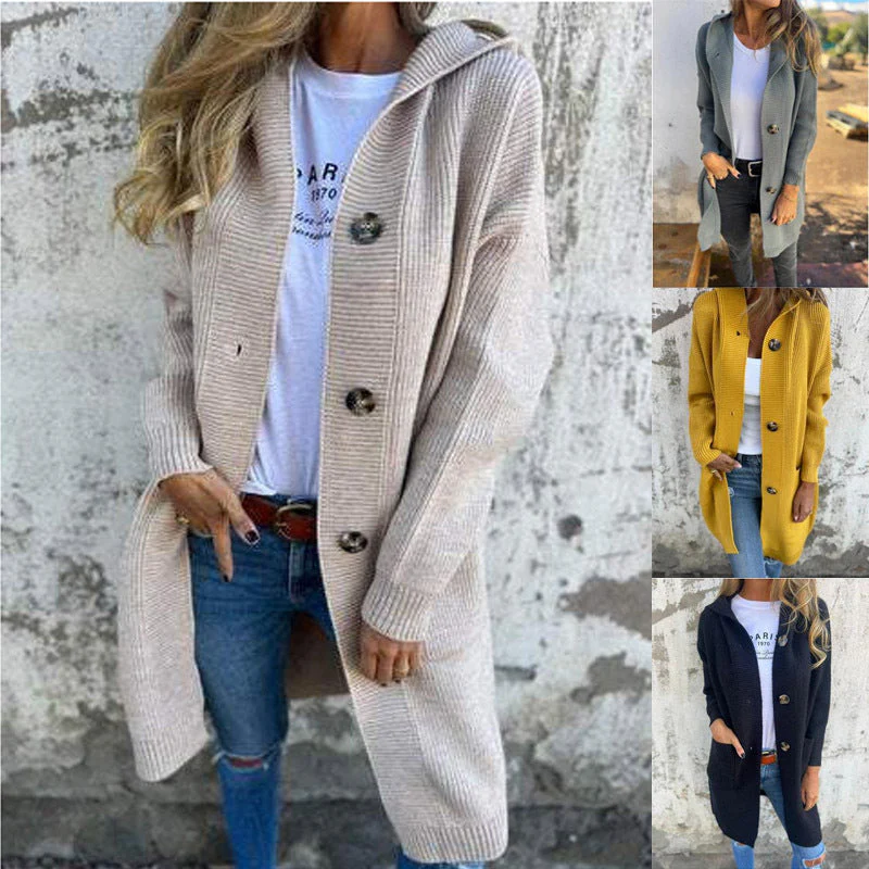 Damen Strickjacke mit Kapuze und Knöpfen Heidi-Mode