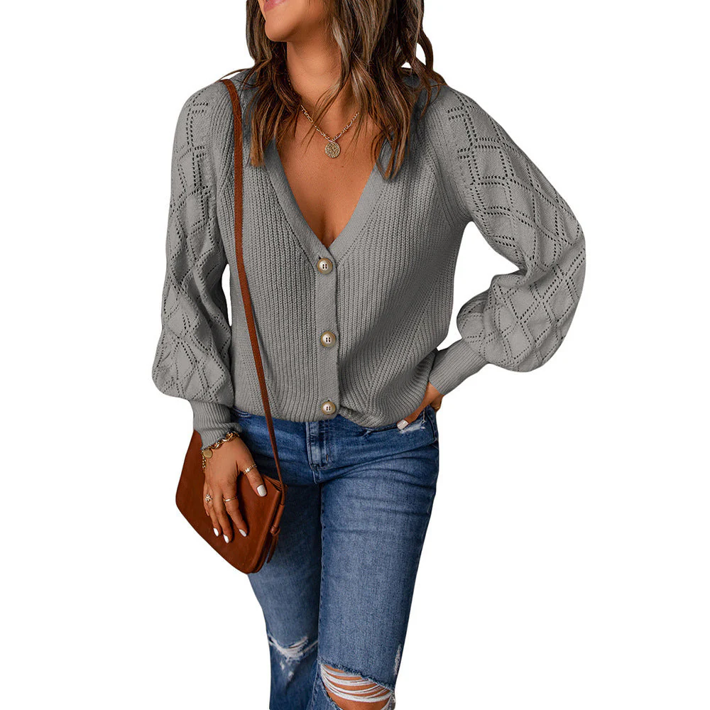 Damen Strickjacke mit V-Ausschnitt und Puffärmeln Heidi-Mode - Image 12