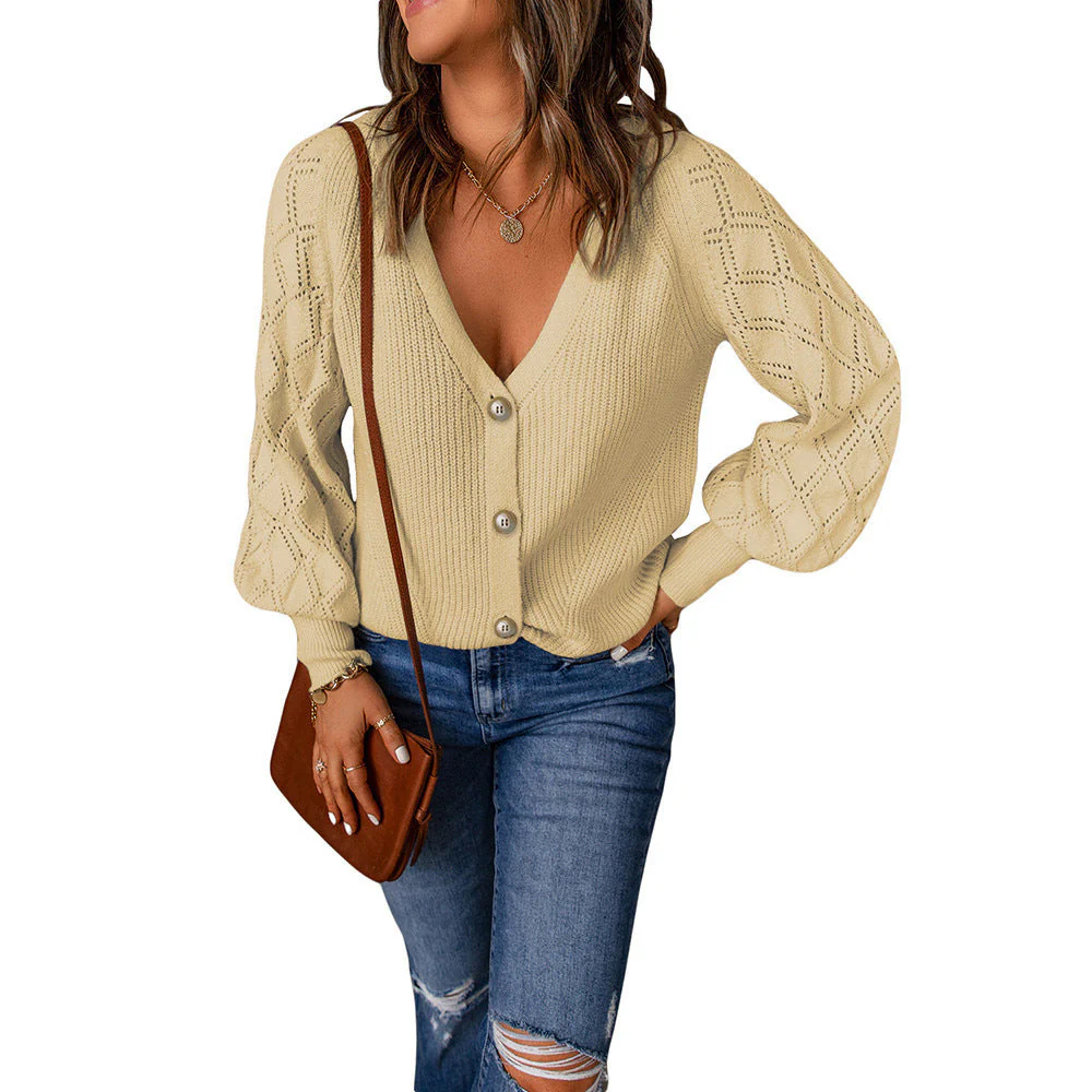Damen Strickjacke mit V-Ausschnitt und Puffärmeln Heidi-Mode - Image 6