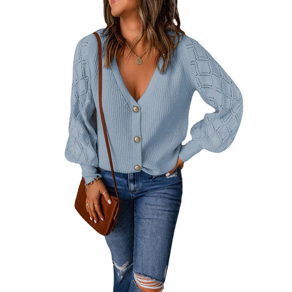 Damen Strickjacke mit V-Ausschnitt und Puffärmeln Heidi-Mode - Image 9