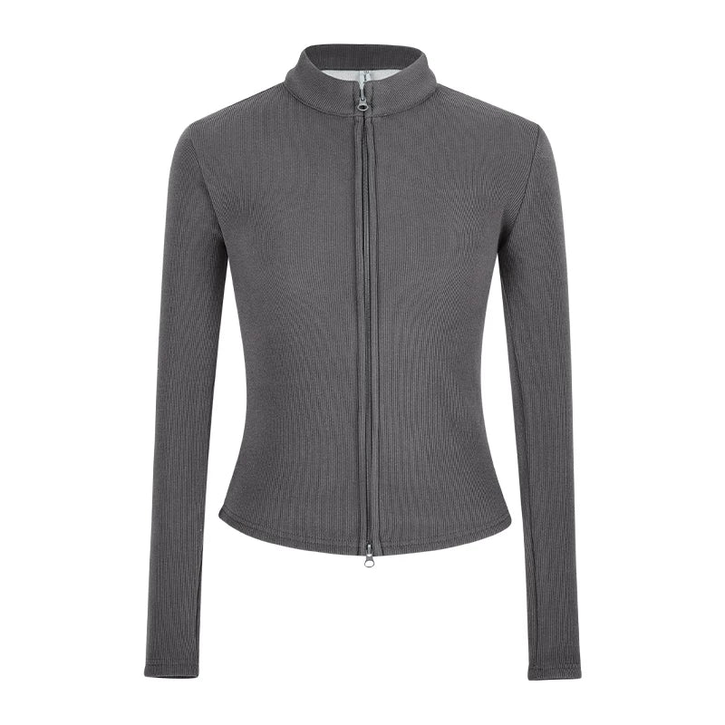 Damen Strickjacke Slim Fit Doppel-Reißverschluss Stehkragen Frühling - Image 14