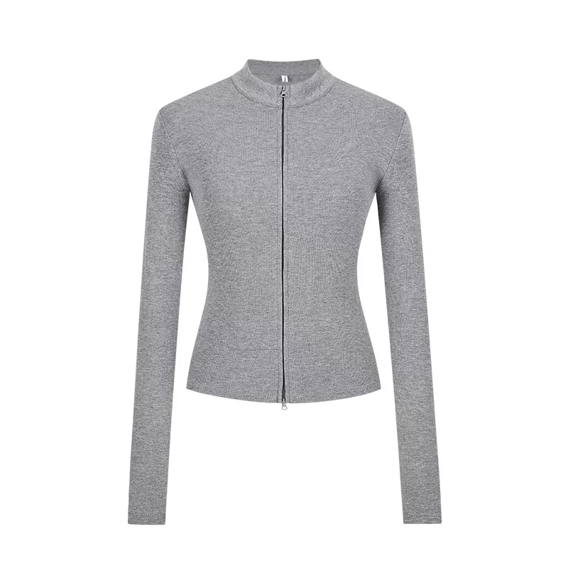 Damen Strickjacke Slim Fit Doppel-Reißverschluss Stehkragen Frühling - Image 9
