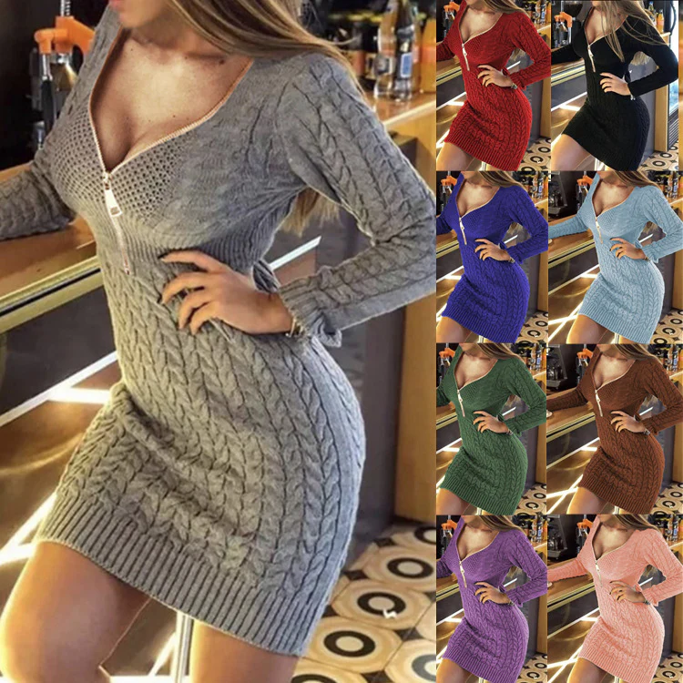 Damen Strickkleid mit hohem Kragen und modernem Reißverschluss Heidi-Mode