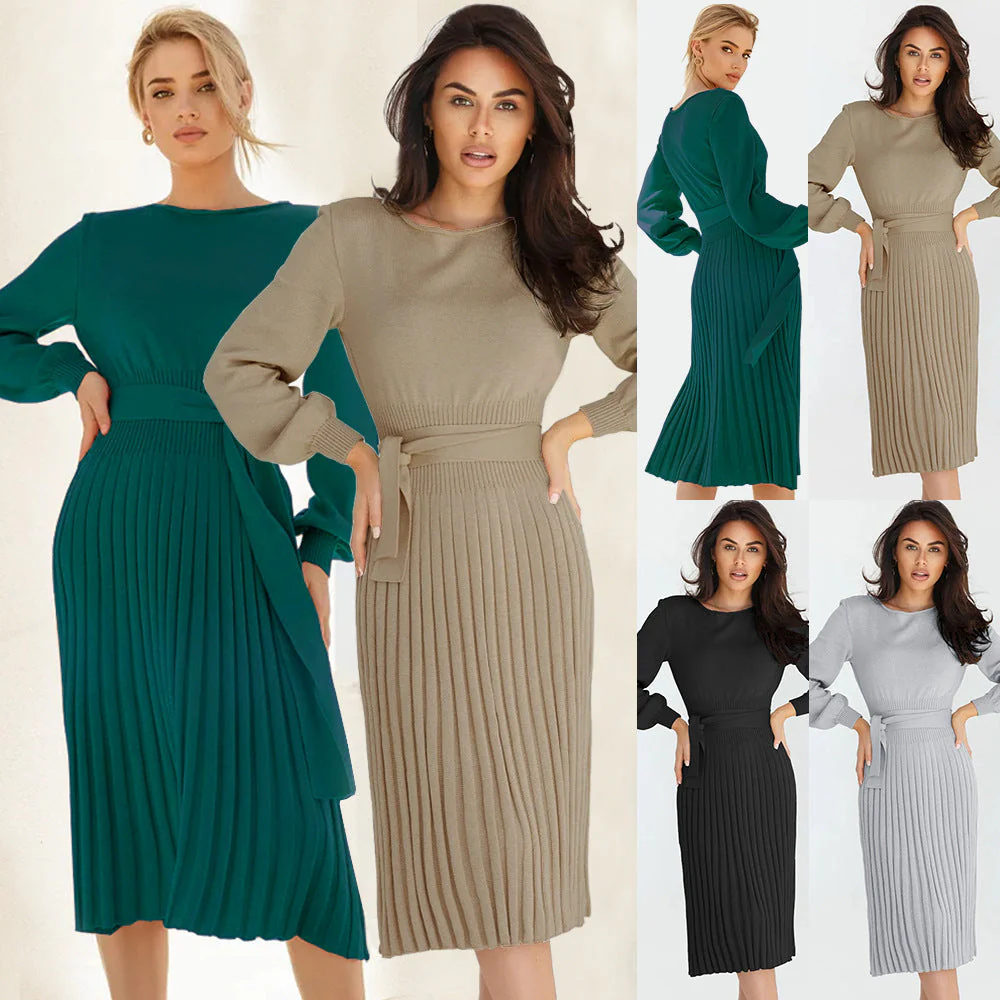 Damen Strickkleid mit Taillierbarem Gürtel und Langen Ärmeln Heidi-Mode