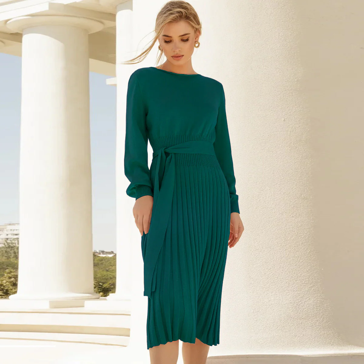 Damen Strickkleid mit Taillierbarem Gürtel und Langen Ärmeln Heidi-Mode - Image 2