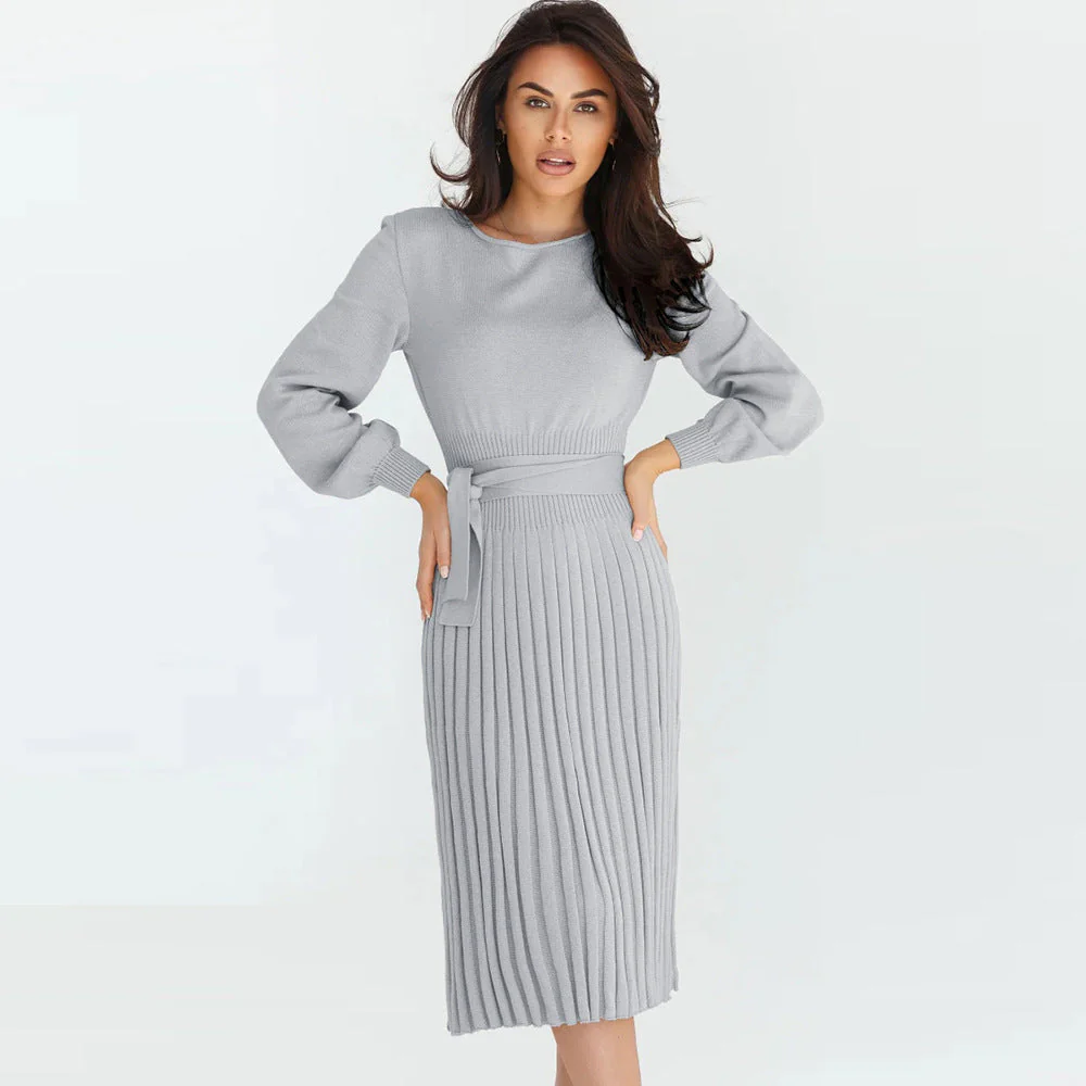 Damen Strickkleid mit Taillierbarem Gürtel und Langen Ärmeln Heidi-Mode - Image 3