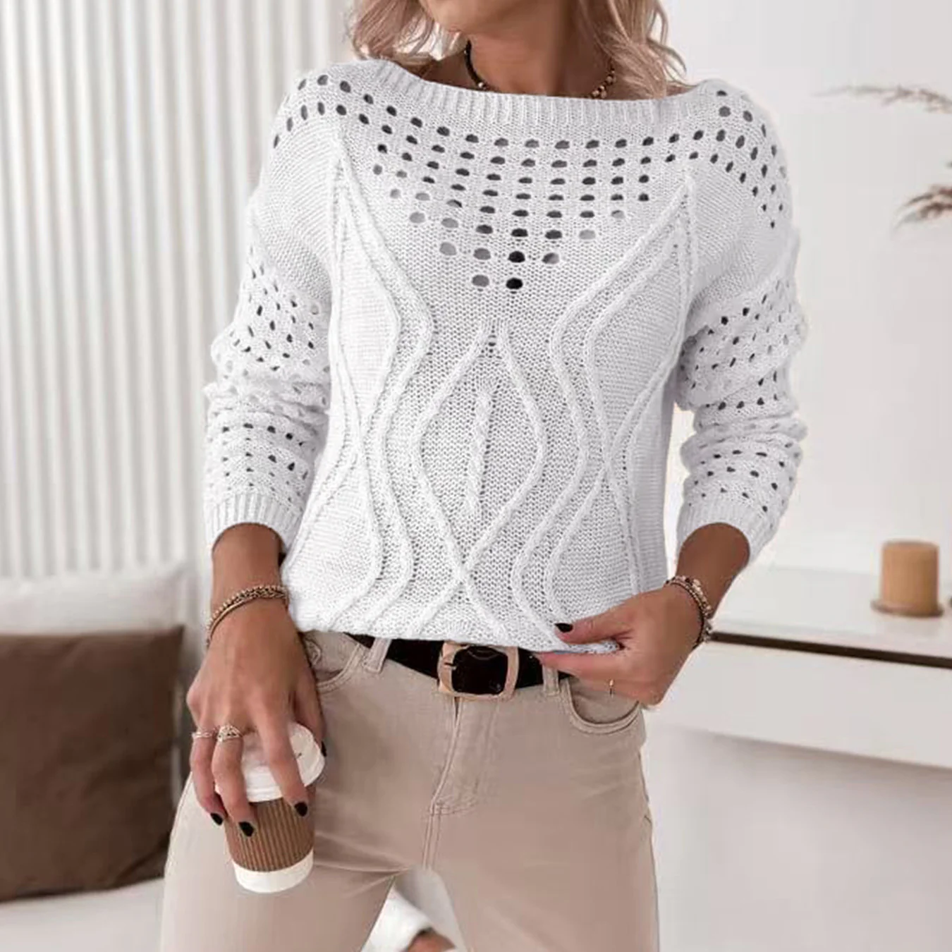 Damen Strickpullover mit luftigen Lochmustern und zartem Zopfdesign Heidi-Mode - Image 4