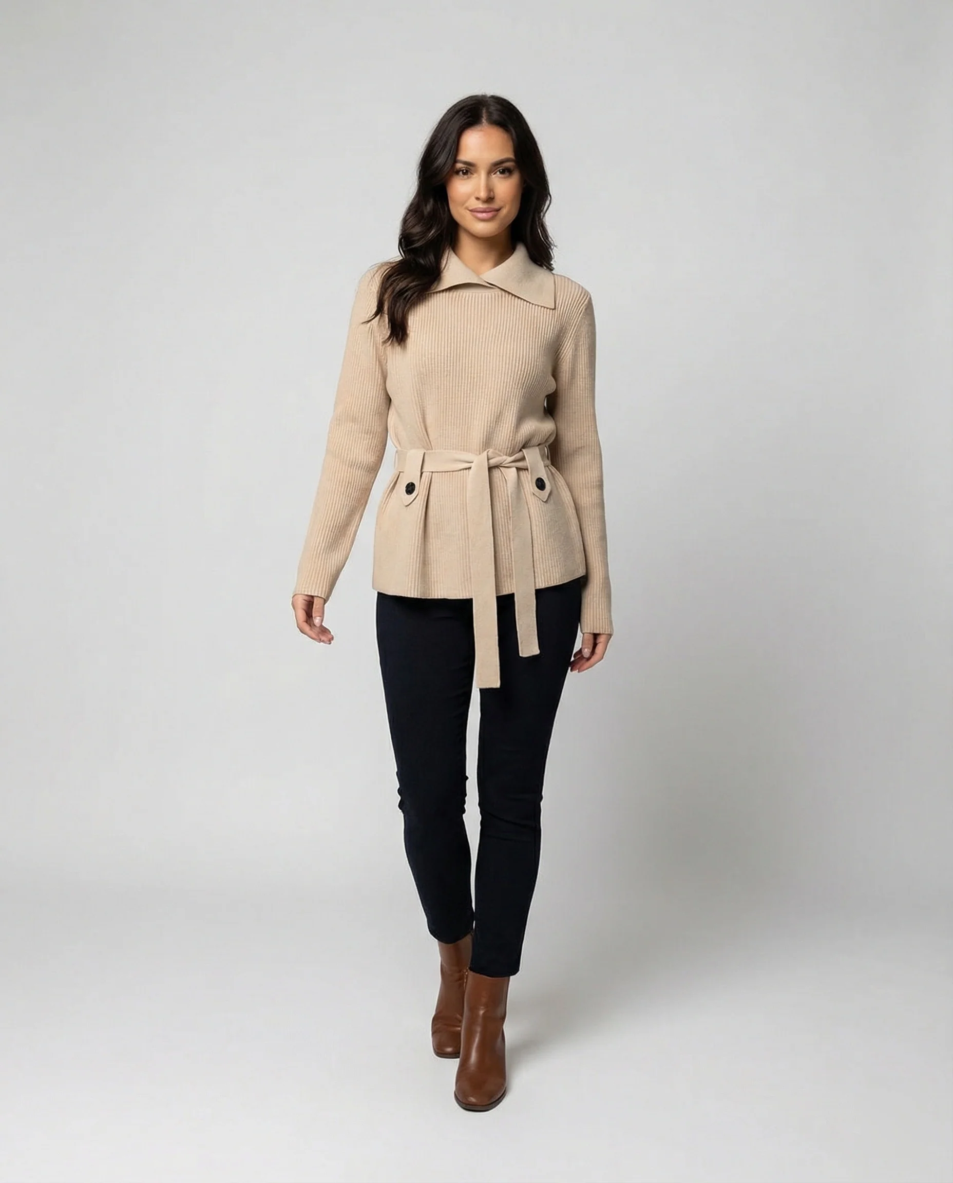 Damen Strickpullover mit Revers und Taillenschnürung in Khakigrau - Image 3