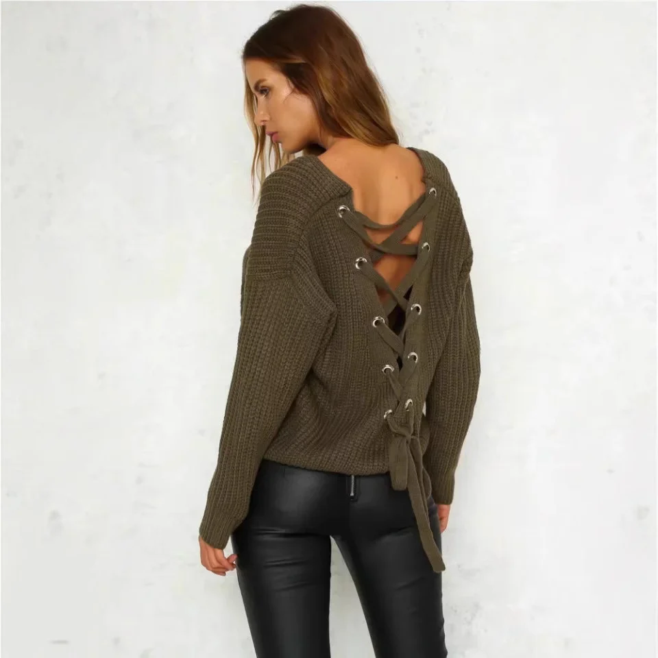 Damen Strickpullover mit tiefem V-Ausschnitt und dekorativem Rückendesign Heidi-Mode - Image 2
