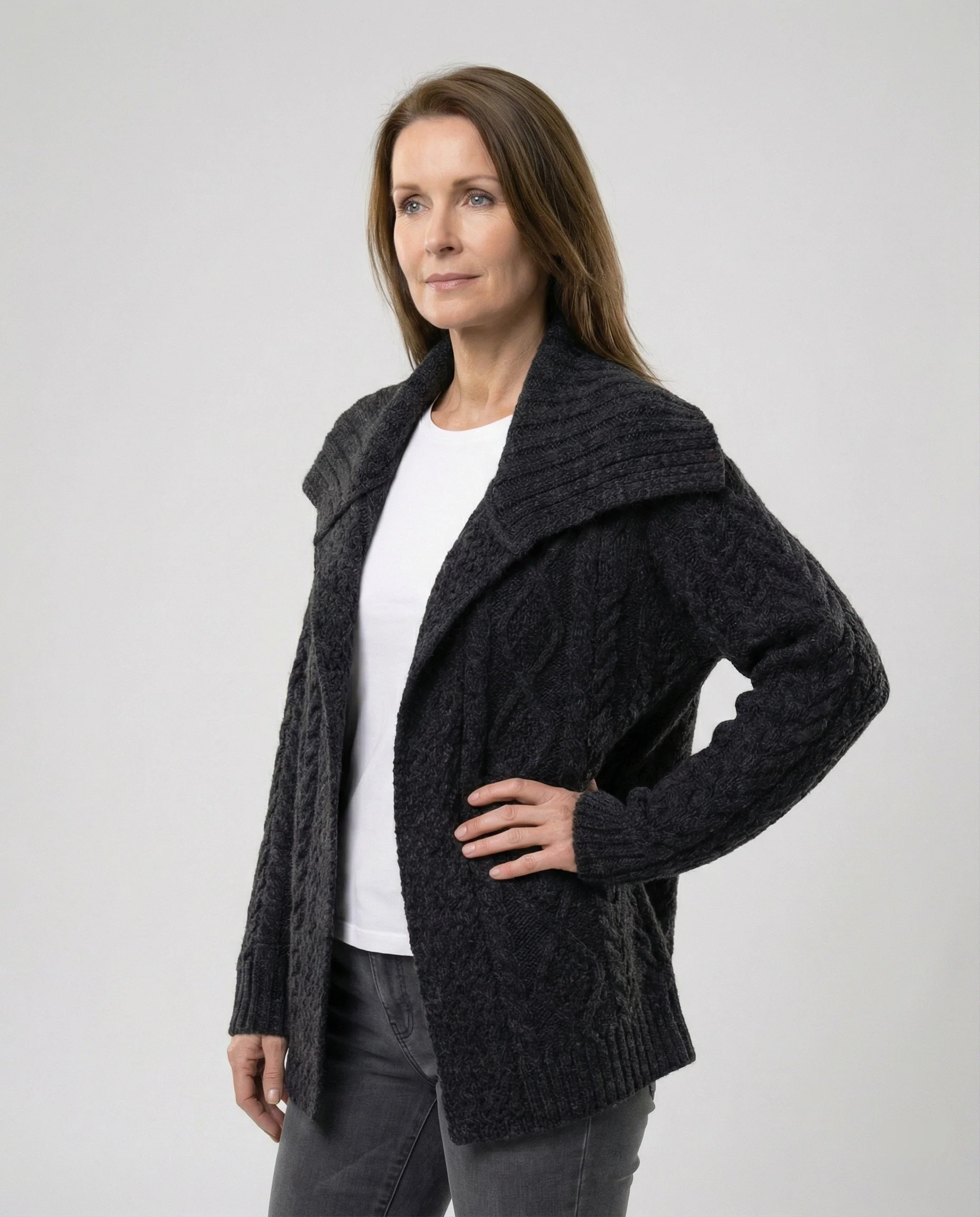 Damen strukturierter Strickmantel mit überlappendem Segelkragen und weichem Wollmix Heidi-Mode
