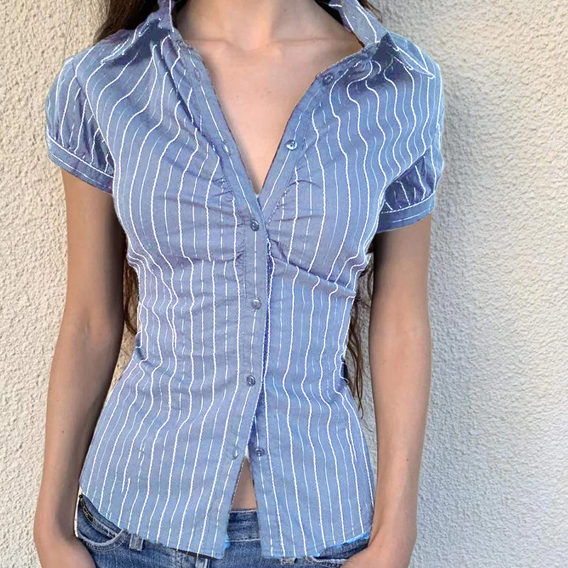 Damen taillierte Kurzarmbluse mit Streifenmuster Heidi-Mode - Image 6