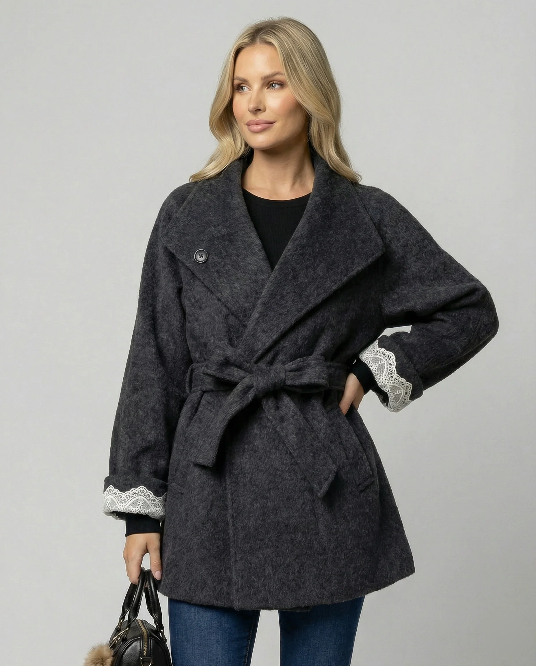 Damen taillierter Wollmix-Mantel mit Bindegürtel und Spitzmanschetten Heidi-Mode