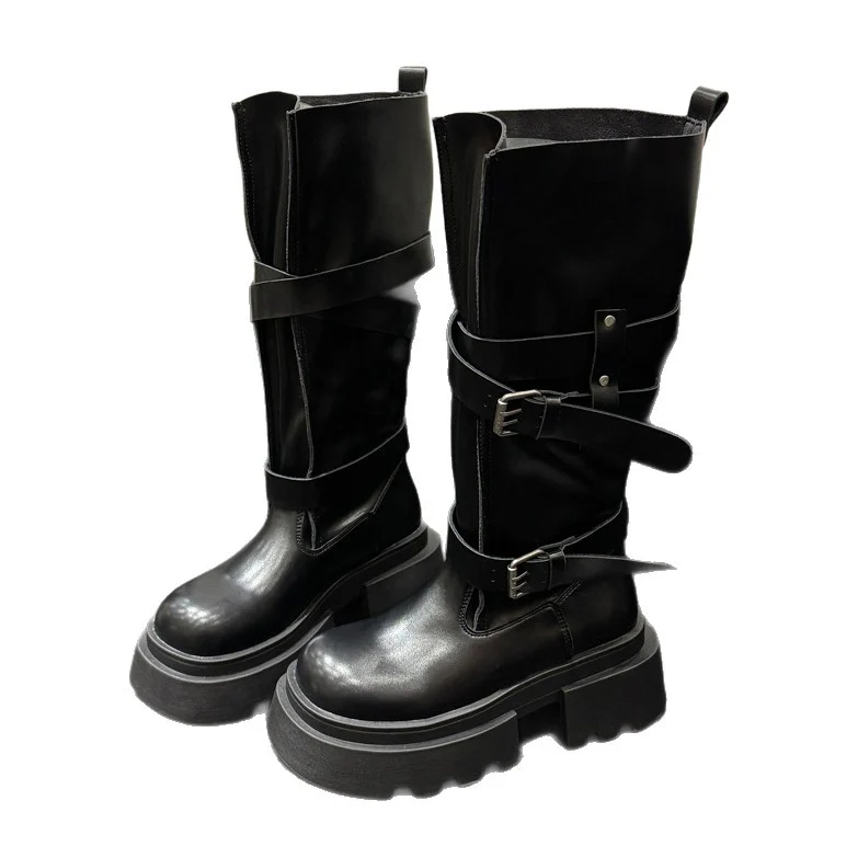Damen trendige hohe Stiefel mit doppeltem Riemen und robustem Plateau-Heel Heidi Mode - Image 5