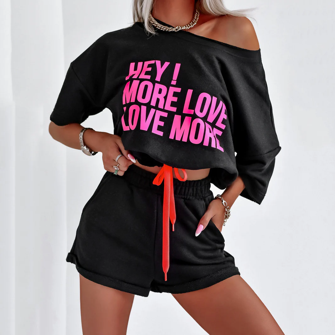 Damen Trendiges Cropped-Loungewear-Set mit auffälligem Grafikdruck und elastischem Bund Heidi-Mode - Image 2