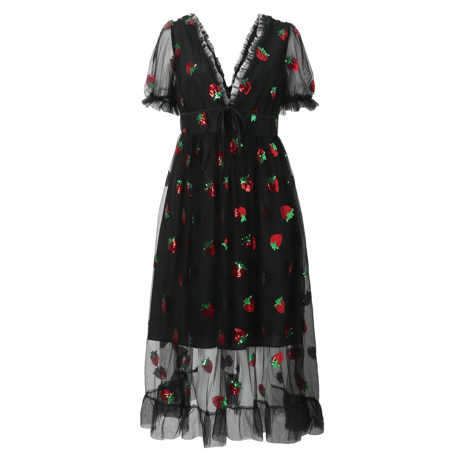Damen Tüllkleid mit Verspieltem Erdbeer-Design und Eleganter Schnürung Heidi-Mode - Image 2
