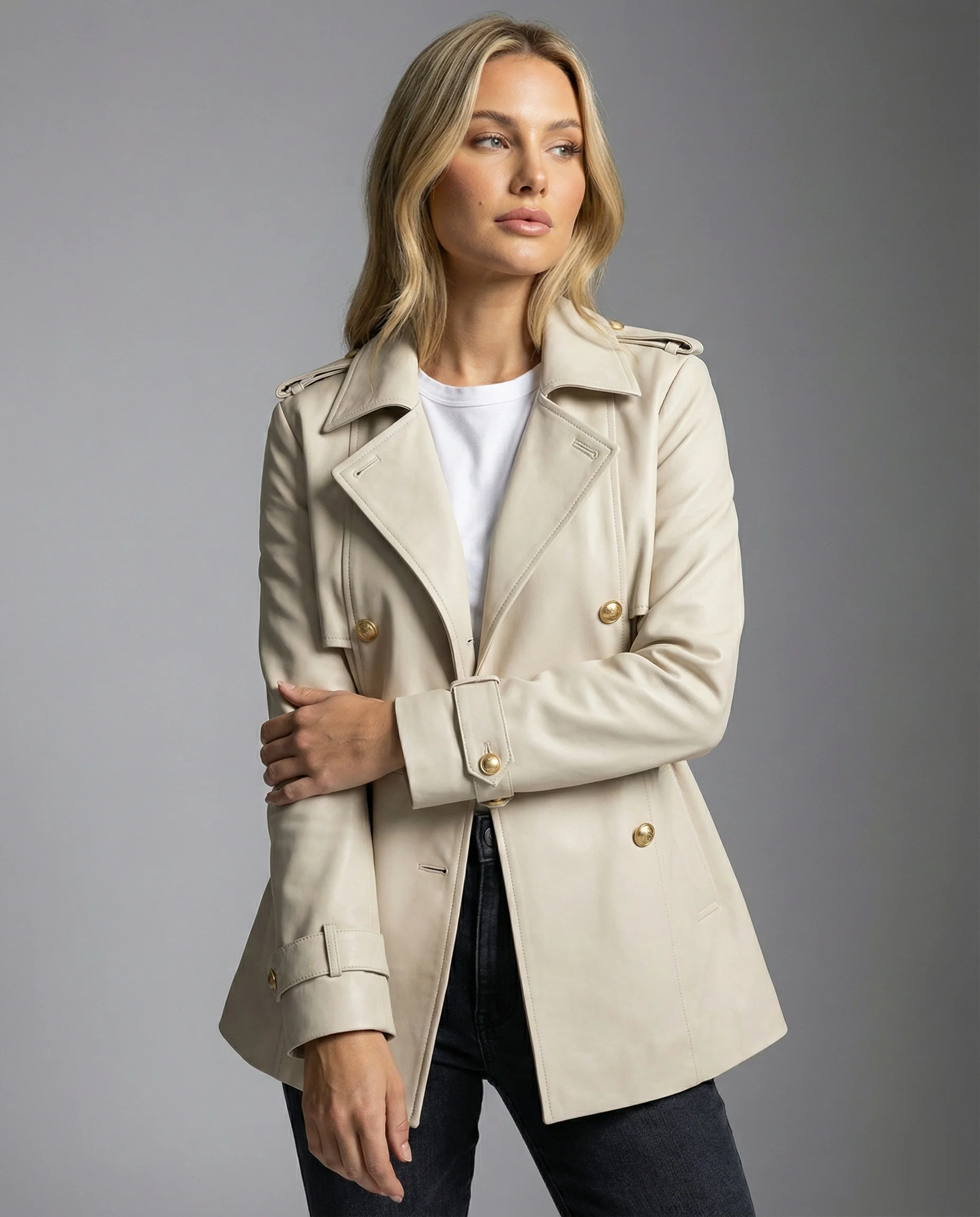 Damen übergangsjacke damen taillierter kurzer Trenchcoat mit Gürtel und doppelreihiger Knopfleiste Heidi-Mode - Image 3