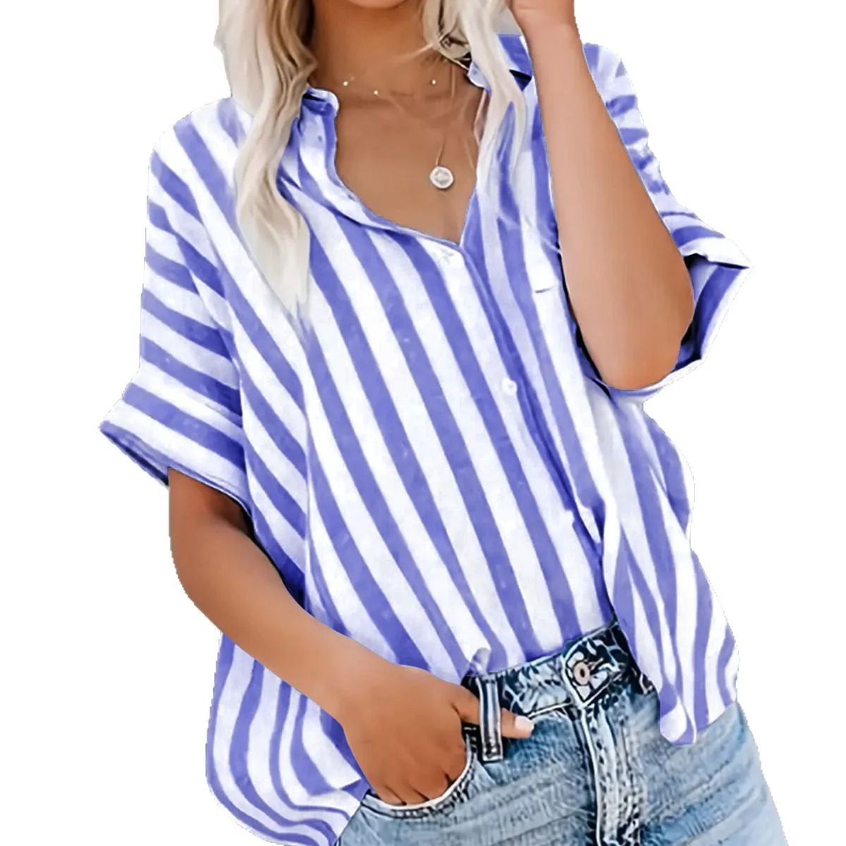Damen Übergroßes Streifenhemd mit Klassischem Kragen und Kurzen Ärmeln Heidi-Mode - Image 5