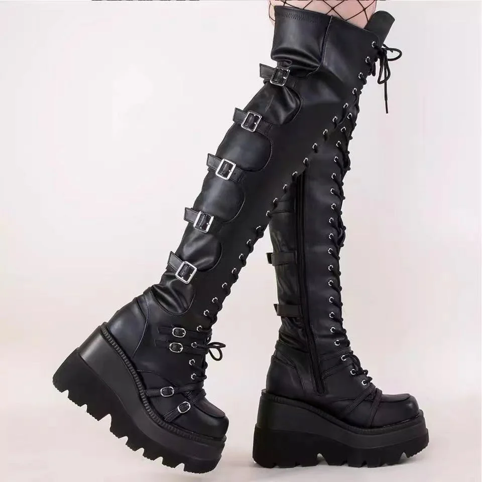 Damen Überknie Stiefel mit Schnallen-Detail und robustem Plateau Heidi Mode - Image 2