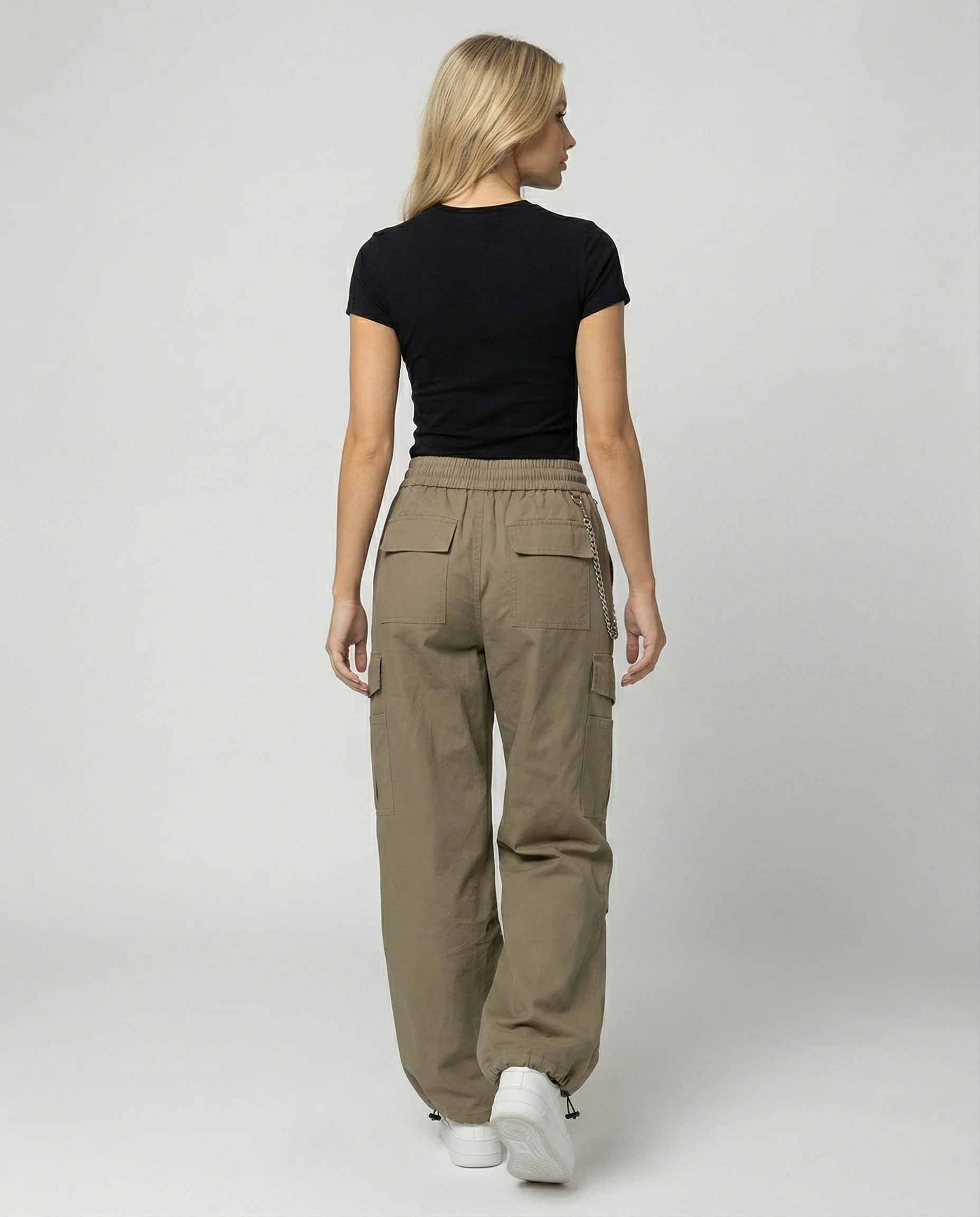 Damen utilitaristische weit geschnittene Cargo-Hose mit hohem Bund Kordelzug und Saumverstellung Heidi-Mode - Image 4