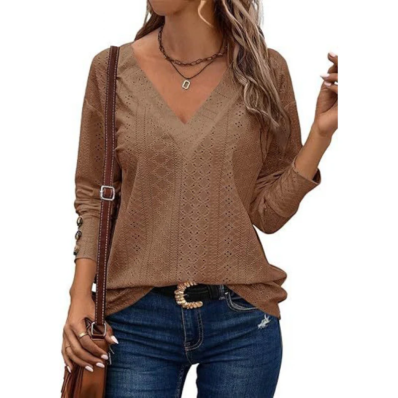 Damen V-Ausschnitt Bluse mit gehäkelter Struktur und langen Ärmeln Heidi-Mode - Image 11