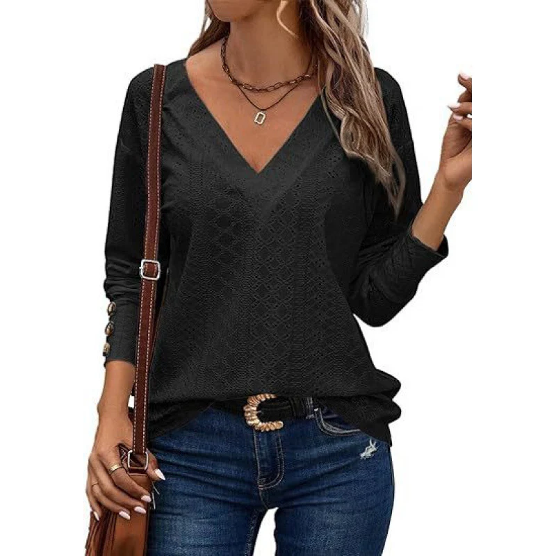 Damen V-Ausschnitt Bluse mit gehäkelter Struktur und langen Ärmeln Heidi-Mode - Image 3