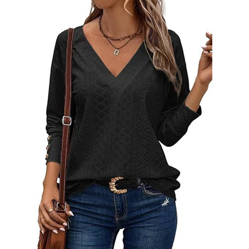 Damen V-Ausschnitt Bluse mit gehäkelter Struktur und langen Ärmeln Heidi-Mode - Image 4