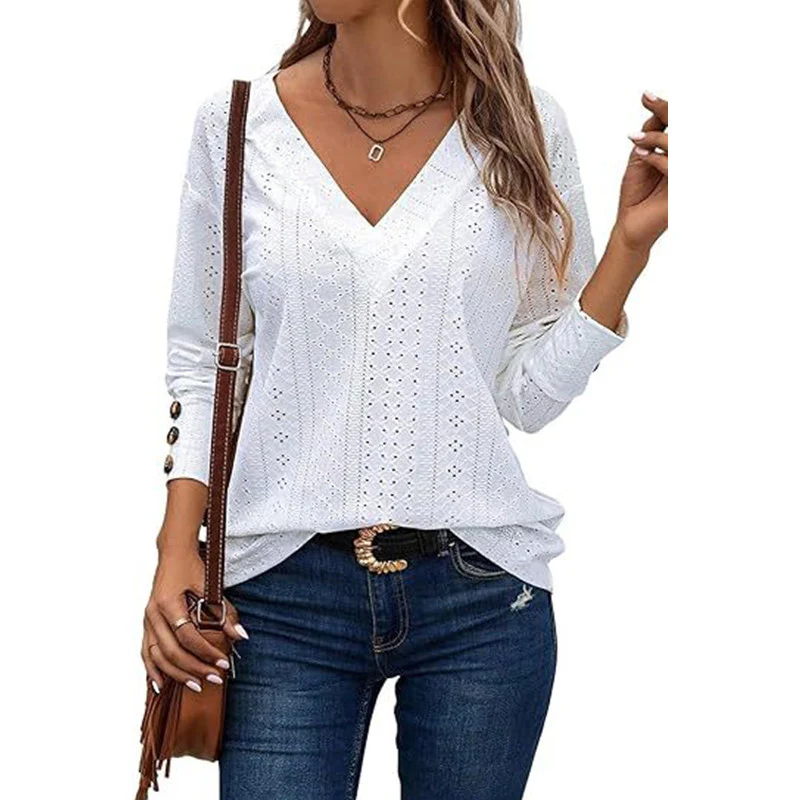 Damen V-Ausschnitt Bluse mit gehäkelter Struktur und langen Ärmeln Heidi-Mode - Image 5