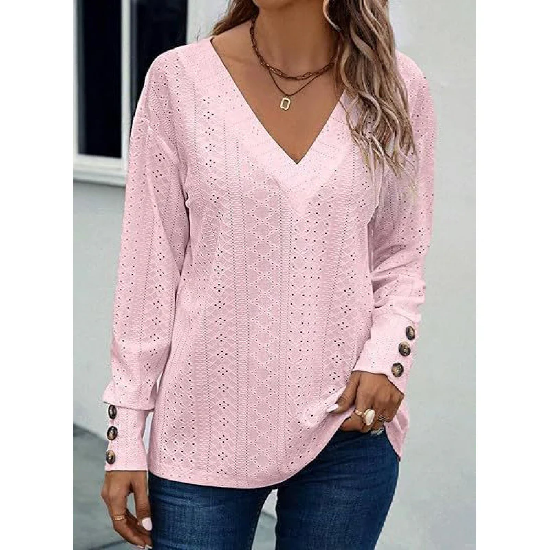 Damen V-Ausschnitt Bluse mit gehäkelter Struktur und langen Ärmeln Heidi-Mode - Image 8