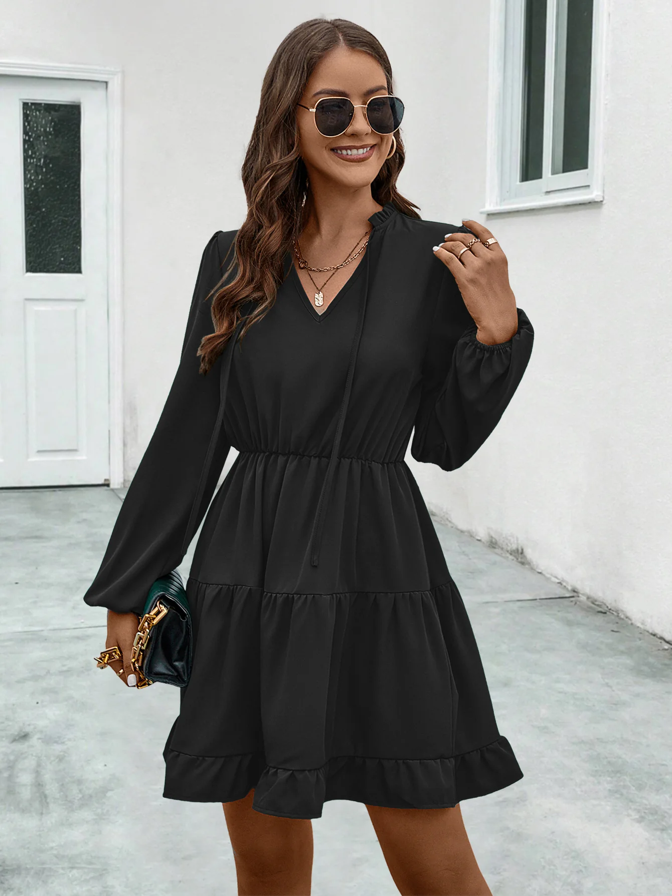Damen V-Ausschnitt Kleid mit Rüschendetails und elastischem Taillenzug Heidi-Mode - Image 5