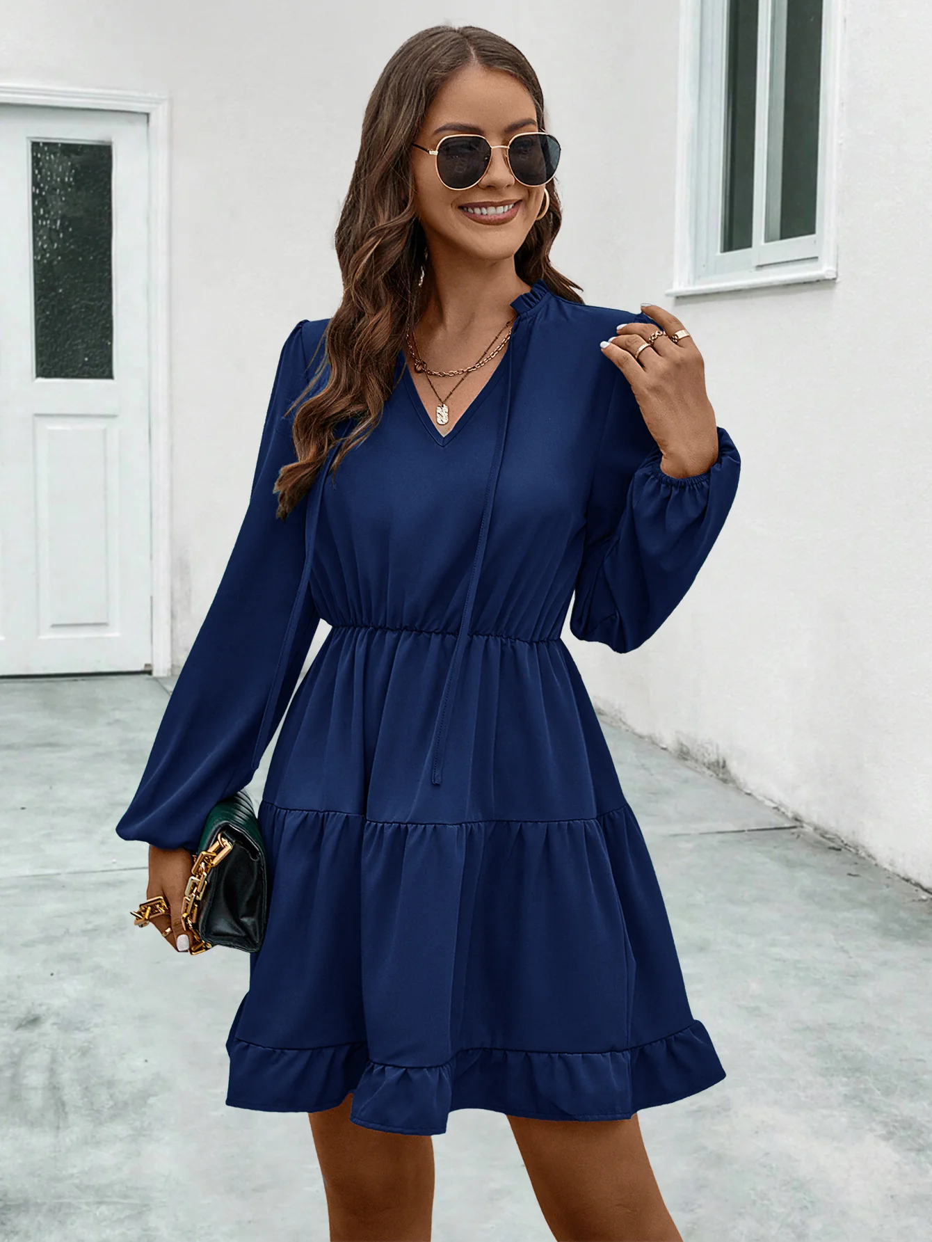 Damen V-Ausschnitt Kleid mit Rüschendetails und elastischem Taillenzug Heidi-Mode - Image 6