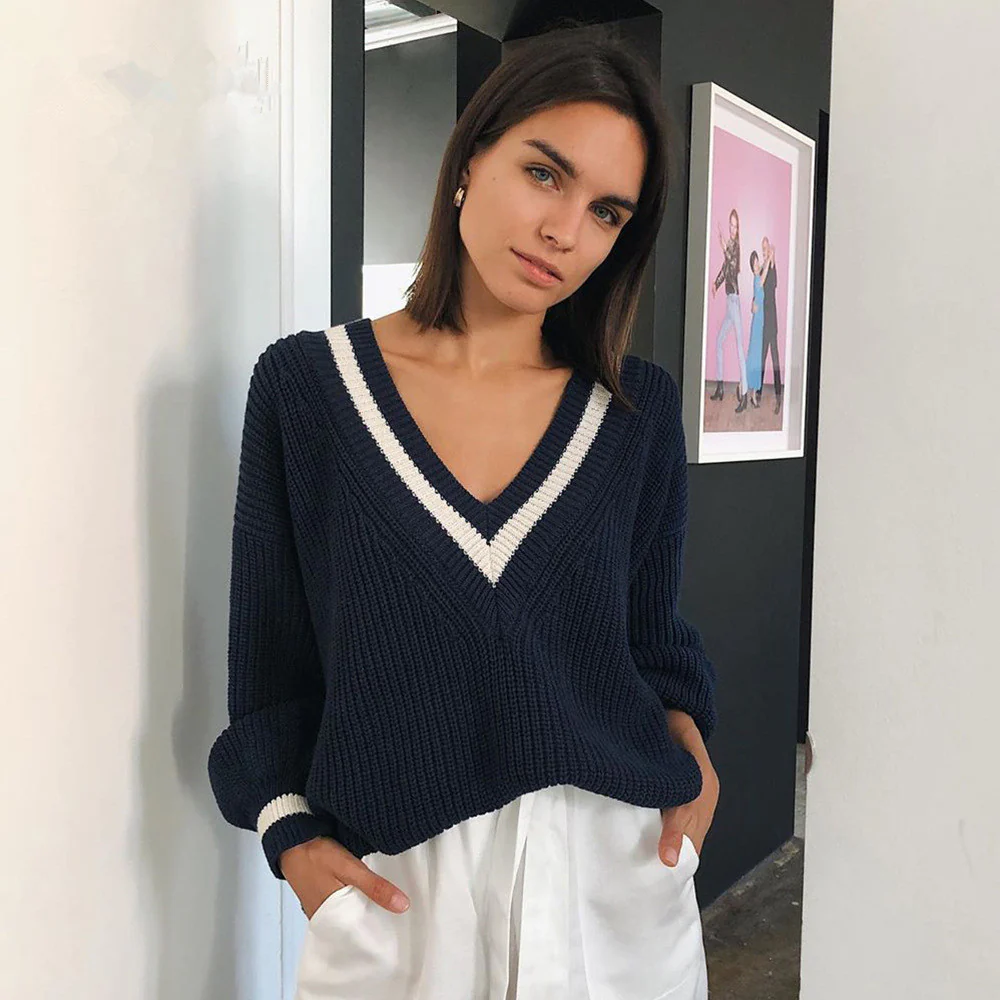 Damen V-Ausschnitt Pullover mit kontrastierenden Streifen Heidi-Mode - Image 4
