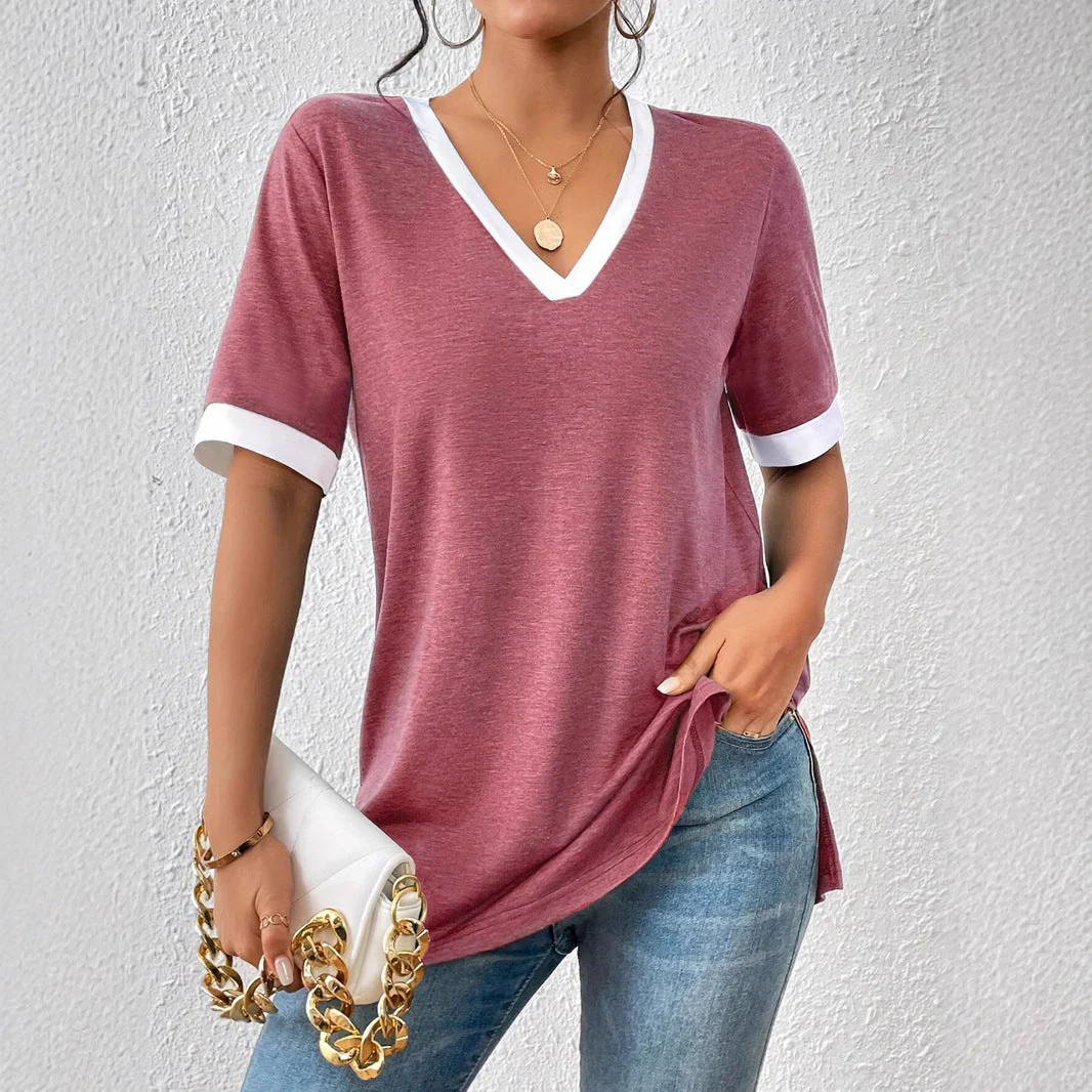 Damen V-Ausschnitt Shirt mit Kontrastärmeln und Bequemer Passform Heidi-Mode