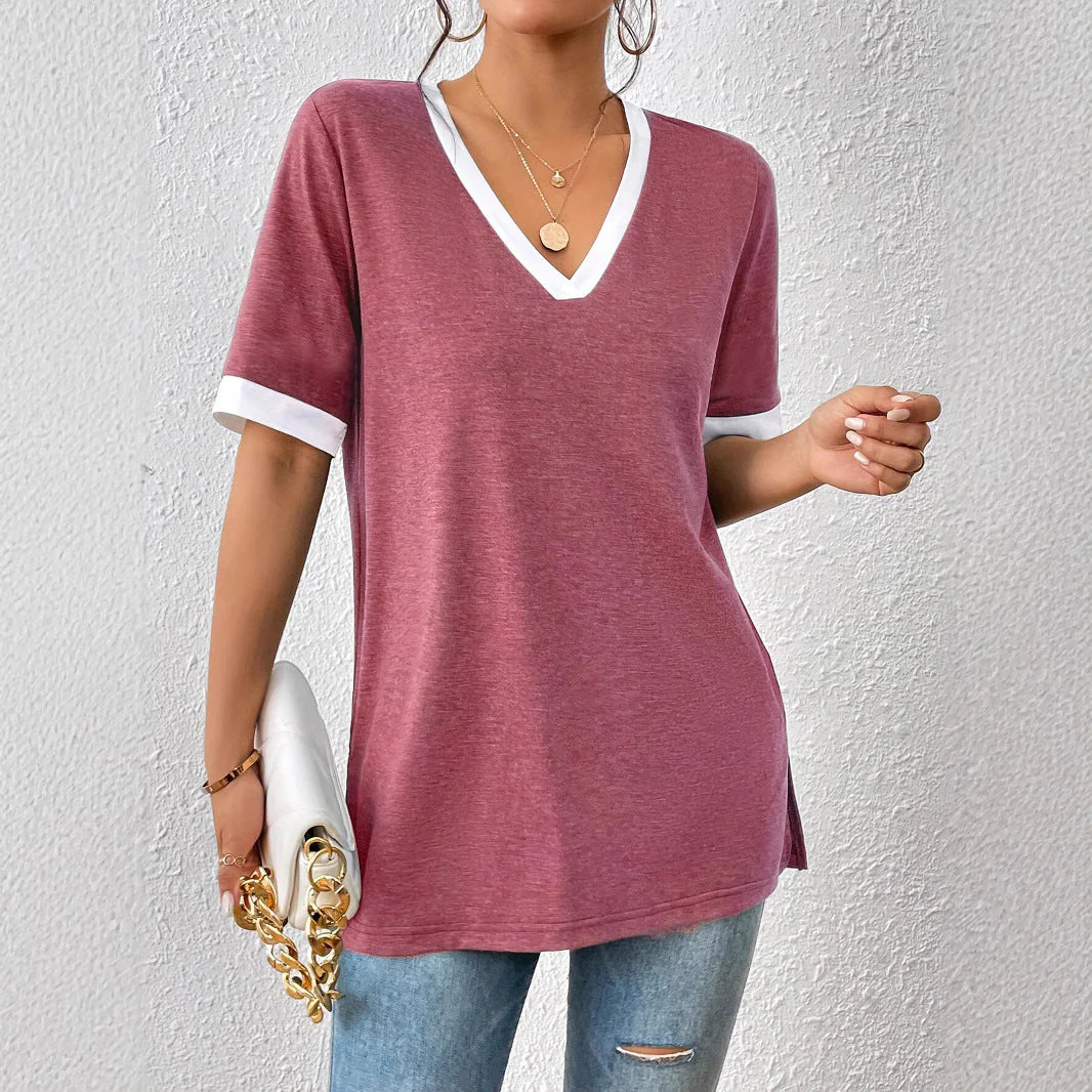 Damen V-Ausschnitt Shirt mit Kontrastärmeln und Bequemer Passform Heidi-Mode - Image 3