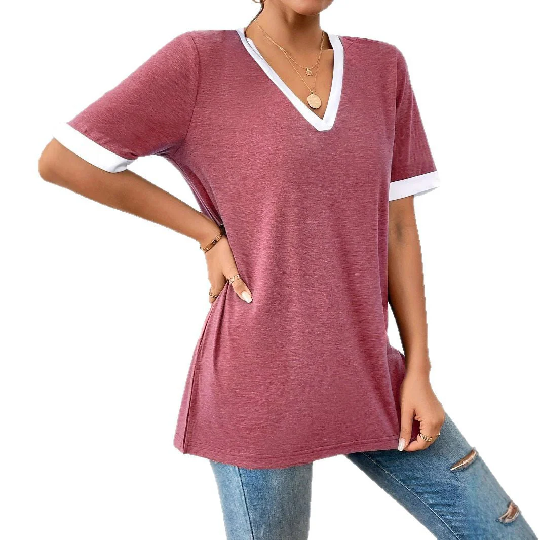 Damen V-Ausschnitt Shirt mit Kontrastärmeln und Bequemer Passform Heidi-Mode - Image 5