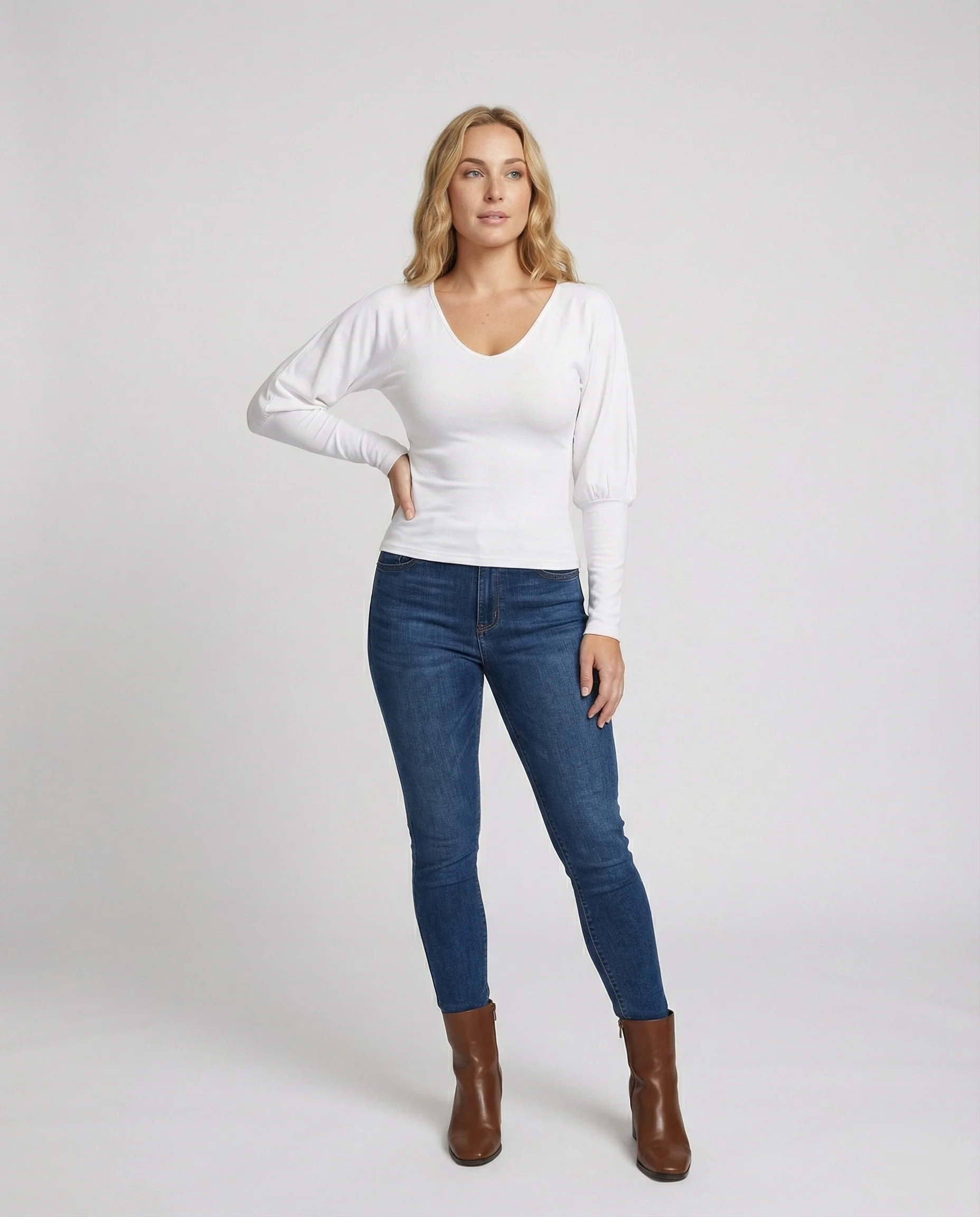 Damen V-Ausschnitt Strickshirt mit Fledermausärmeln und schmaler Taille - Image 3