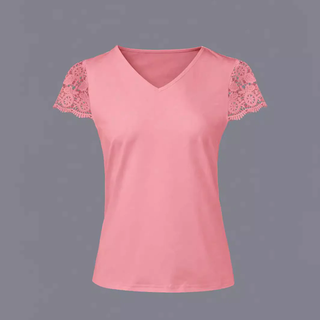 Damen V-Ausschnitt T-Shirt mit Spitzenärmeln Heidi-Mode - Image 2