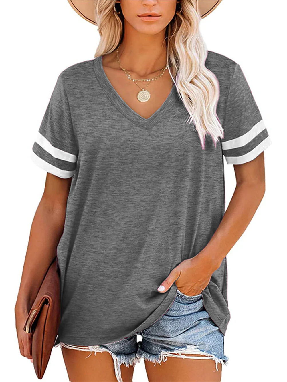 Damen V-Ausschnitt T-Shirt mit Sportlichem Streifenmuster und Lockerem Schnitt Heidi-Mode - Image 8