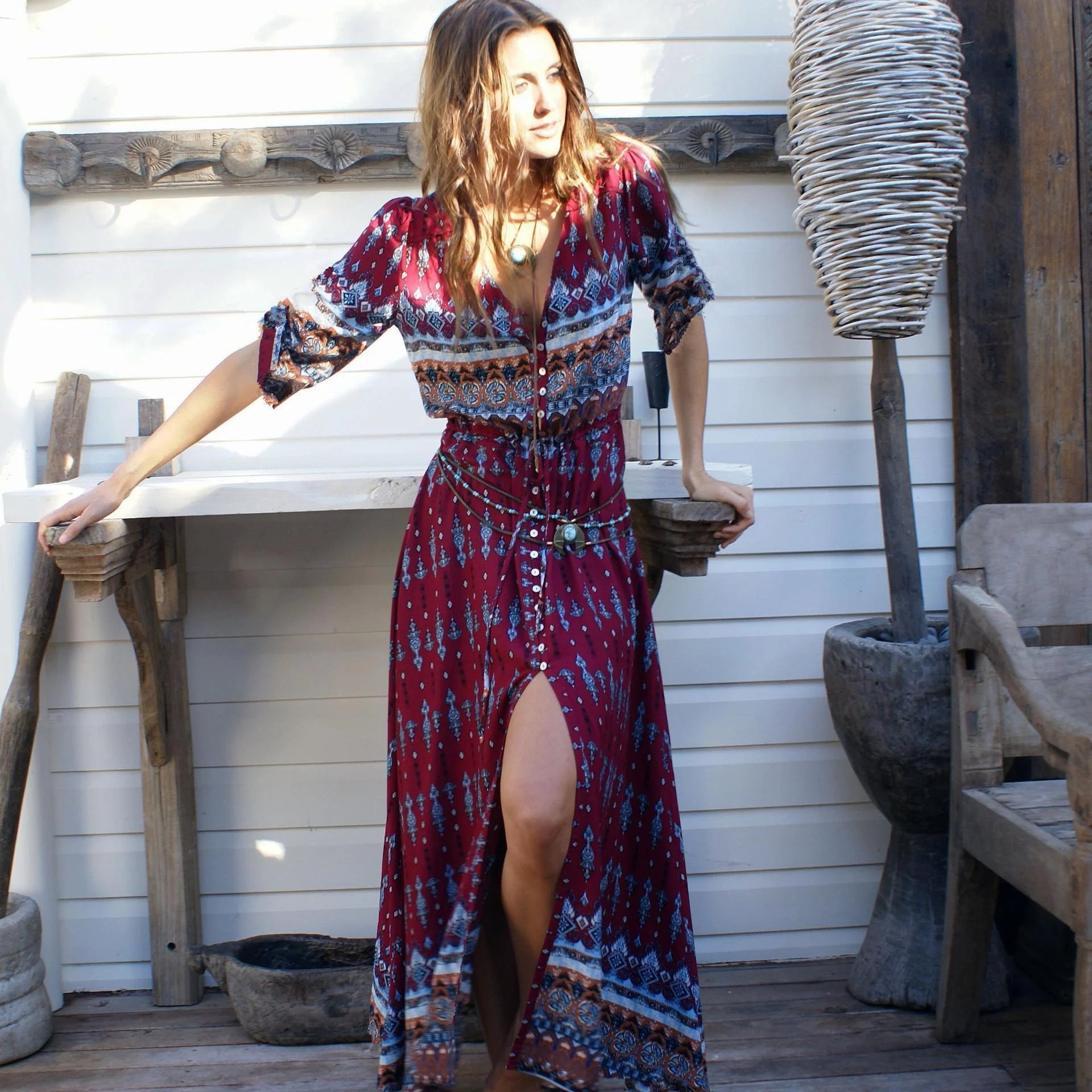 Damen Viskose-Jumpsuit mit Buntem Ethno-Design und Schwingenden Ärmeln Heidi-Mode - Image 2