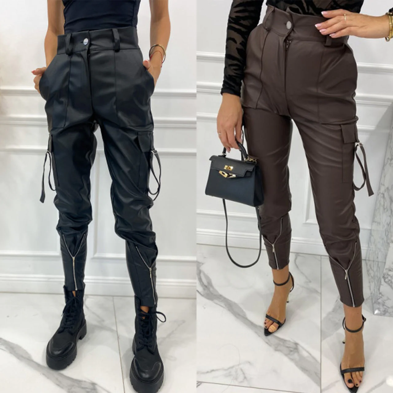 Damen Wasserdichte Kunstleder-Cargo-Hose mit Reißverschlüssen und Verstellbaren Bündchen Heidi-Mode
