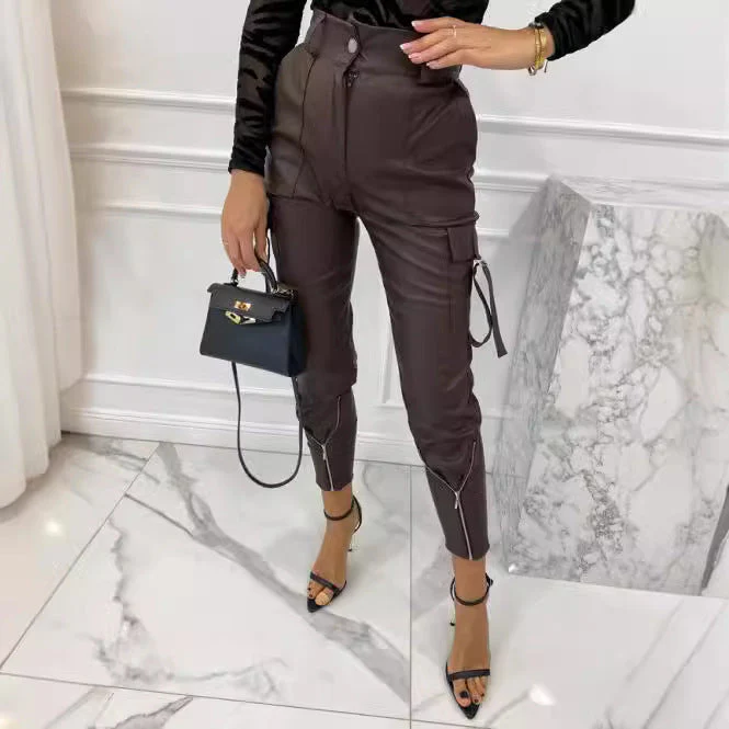 Damen Wasserdichte Kunstleder-Cargo-Hose mit Reißverschlüssen und Verstellbaren Bündchen Heidi-Mode - Image 4