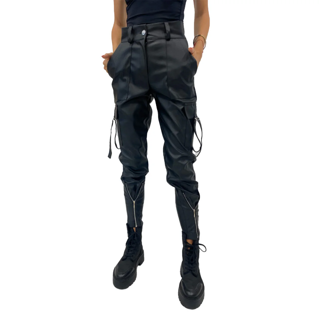 Damen Wasserdichte Kunstleder-Cargo-Hose mit Reißverschlüssen und Verstellbaren Bündchen Heidi-Mode - Image 5