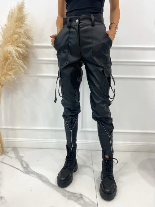 Damen Wasserdichte Kunstleder-Cargo-Hose mit Reißverschlüssen und Verstellbaren Bündchen Heidi-Mode - Image 6