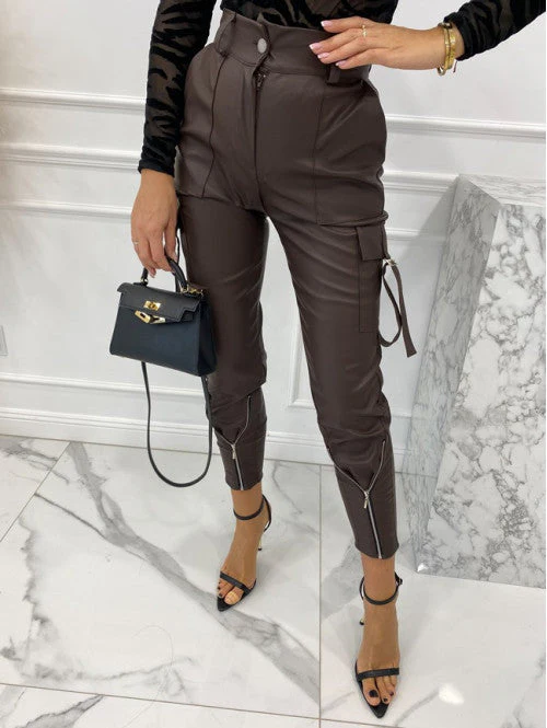 Damen Wasserdichte Kunstleder-Cargo-Hose mit Reißverschlüssen und Verstellbaren Bündchen Heidi-Mode - Image 7
