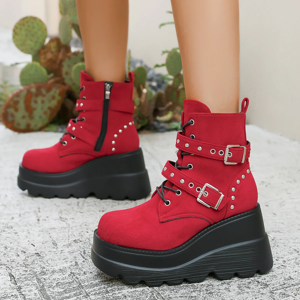 Damen Wedge-Stiefel mit modischen Schnallen und robustem Plateau Heidi Mode - Image 3