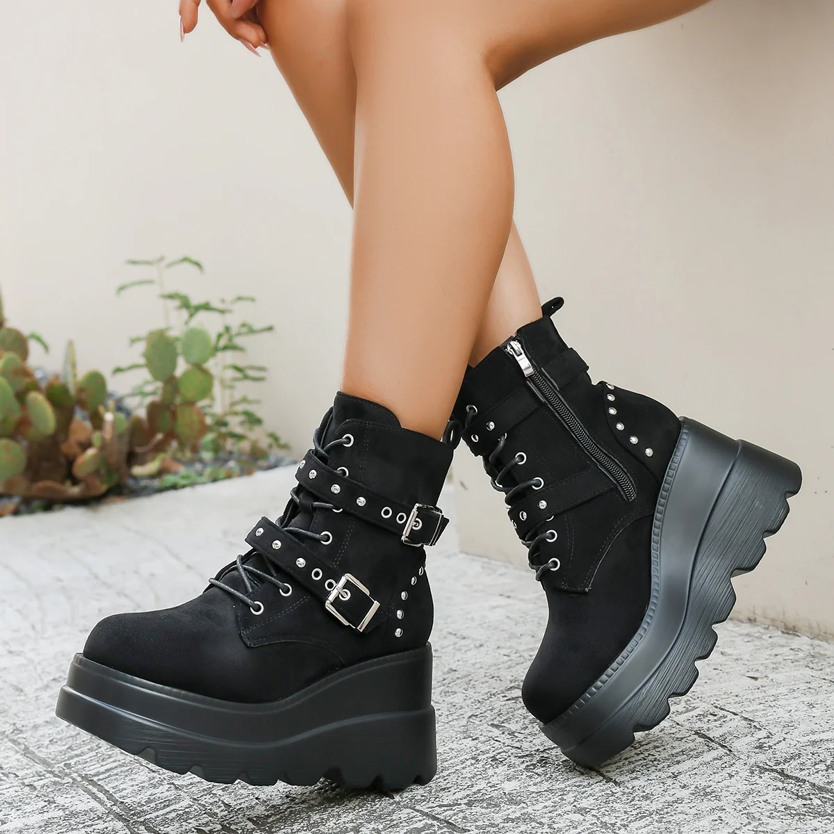 Damen Wedge-Stiefel mit modischen Schnallen und robustem Plateau Heidi Mode - Image 4