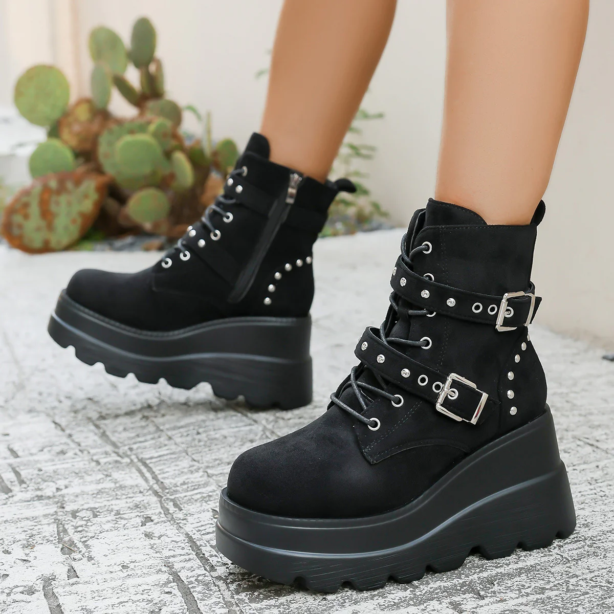 Damen Wedge-Stiefel mit modischen Schnallen und robustem Plateau Heidi Mode - Image 6