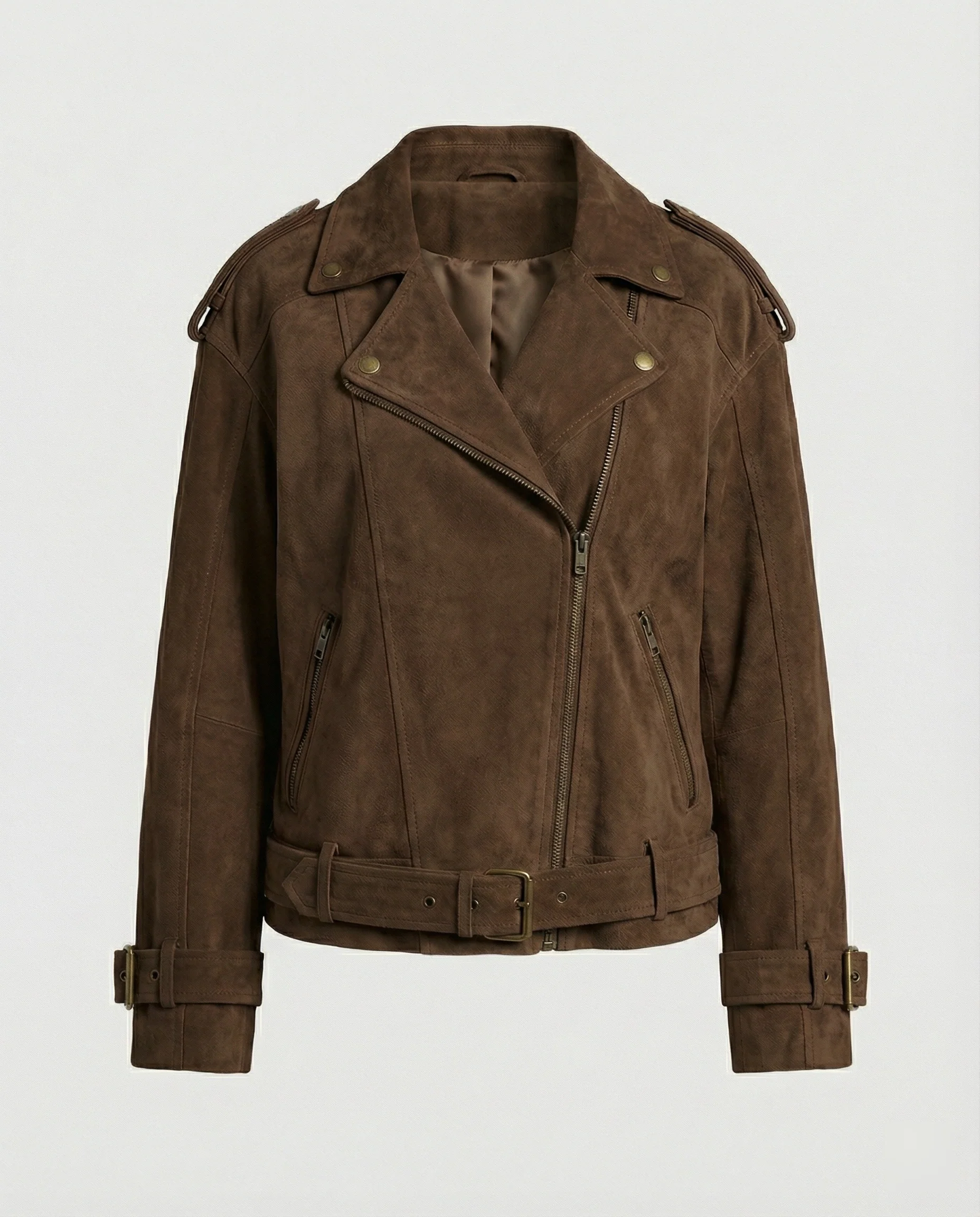 Damen weit geschnittene Velours-Bikerjacke mit asymmetrischem Reißverschluss Taillengürtel und verstellbaren Manschetten Heidi-Mode - Image 4