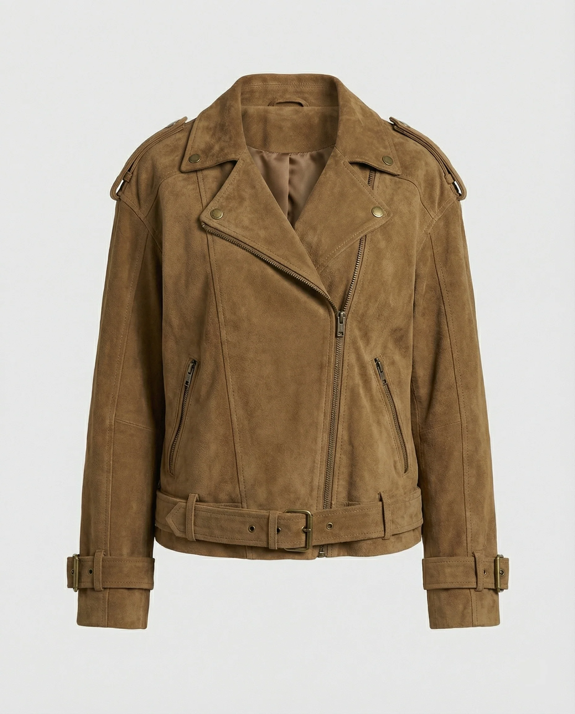 Damen weit geschnittene Velours-Bikerjacke mit asymmetrischem Reißverschluss Taillengürtel und verstellbaren Manschetten Heidi-Mode - Image 5