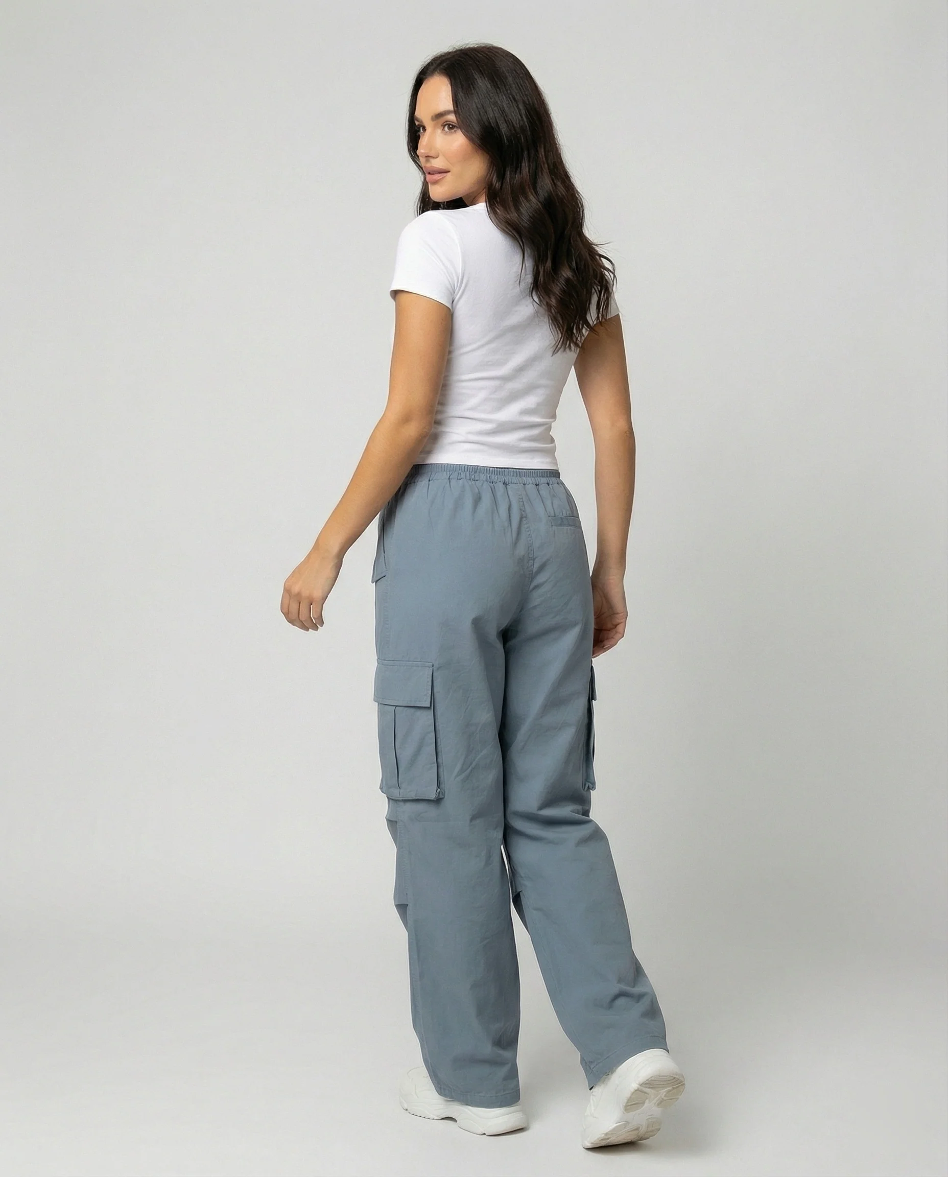 Damen weite Cargo-Hose im Retro-Utility-Stil mit hochgeschnittenem Bund Tunnelzug Mehrfachklappentaschen und verstellbaren Seitenschlaufen Heidi-Mode - Image 4