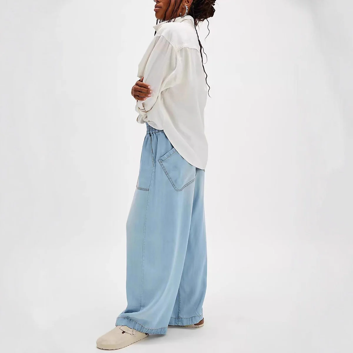 Damen Weite Denim-Hose mit elastischem Bund und Taschen - Image 2